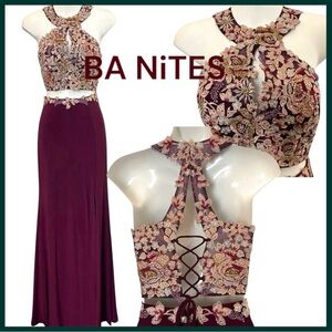 BA Nites Burgundy 2 Piece Formal Floor Length Hi-Slit Skirt Embroidered Top (2)